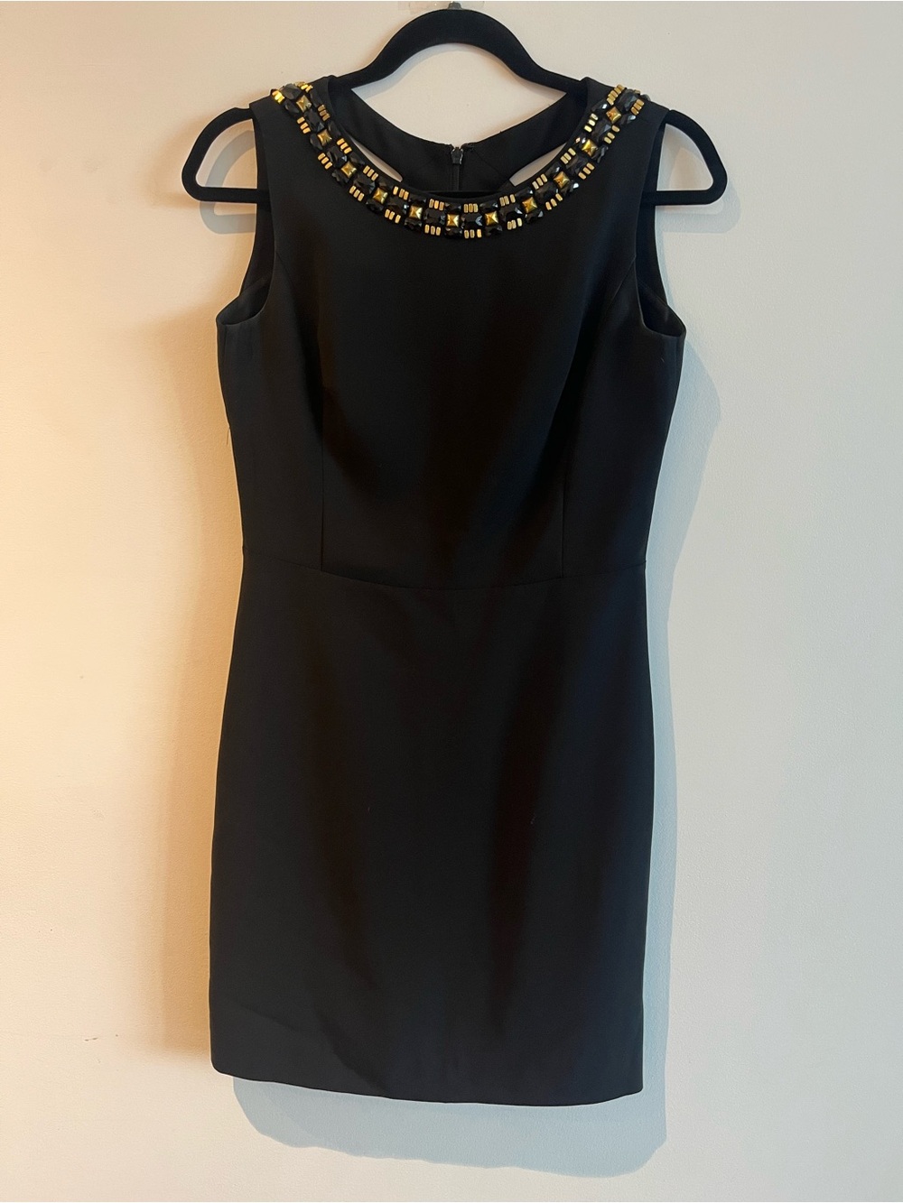 DKNY Embellished Neck Cut Out Back Crepe Sheath Dress